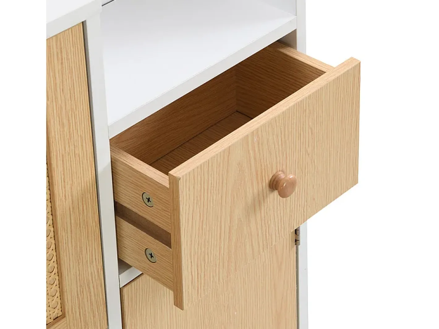 Clearance Sapateira em madeira e rattan - 3 portas de aba e 1 gaveta - prateleira ajustável - Natural & Branco Móvel De Arrumação|Sapateira