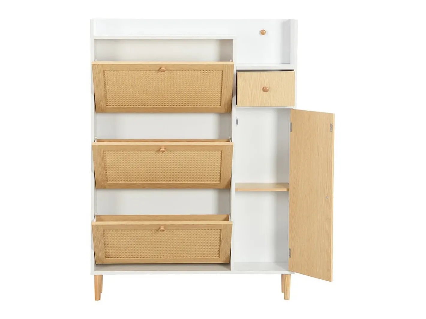 Clearance Sapateira em madeira e rattan - 3 portas de aba e 1 gaveta - prateleira ajustável - Natural & Branco Móvel De Arrumação|Sapateira
