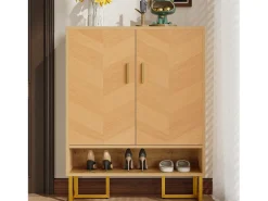 Clearance Sapateira moderna - 80 x 38 x 100 cm - padrão de madeira exclusivo - estrutura de ferro dourado - com 2 portas - MDF - cor natural Móvel De Arrumação|Sapateira