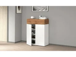 Sapateira Oliviero, Sapateira com 3 portas,Armário de entrada multifuncional, 76x38h100 cm, Branco e Carvalho*Dmora Clearance