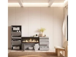 Sapateira, 224x145x35 cm, Para quarto, dormitório, Lareira eléctrica XXL, Cómoda, Cimento*Skraut Home