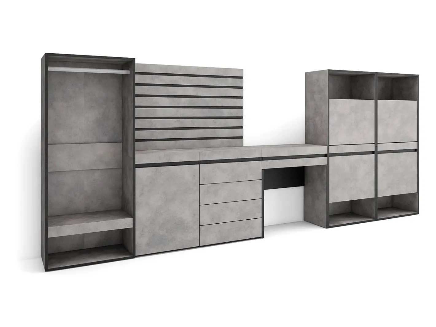 Sapateira, 335x57x145cm, Para quarto, dormitório, Roupeiro aberto, Cómoda, Tiras Deco. Madeira, Toucador, Cimento*Skraut Home Best