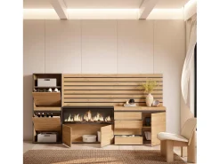 Skraut Home Móvel De Arrumação|Sapateira*Sapateira, 274x35x145cm, Para quarto, dormitório, Lareira eléctrica XXL, Cómoda, Tiras Deco. Madeira, Carvalho Natural claro