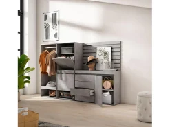 Clearance Sapateira, 227x35x145cm, Para quarto, dormitório, Roupeiro aberto, Cómoda, Tiras Deco. Madeira, Cimento Móvel De Arrumação|Sapateira