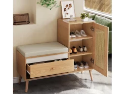 Sapateiro de rattan - Banco de entrada - Com almofada - 1 gaveta e 1 porta de rattan - Natural^ModernLuxe