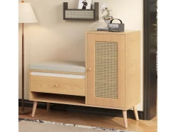 Sapateiro de rattan - Banco de entrada - Com almofada - 1 gaveta e 1 porta de rattan - Natural^ModernLuxe