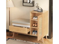 Sapateiro de rattan - Banco de entrada - Com almofada - 1 gaveta e 1 porta de rattan - Natural^ModernLuxe