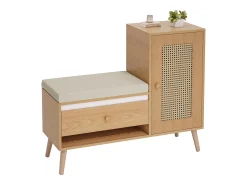 Sapateiro de rattan - Banco de entrada - Com almofada - 1 gaveta e 1 porta de rattan - Natural^ModernLuxe