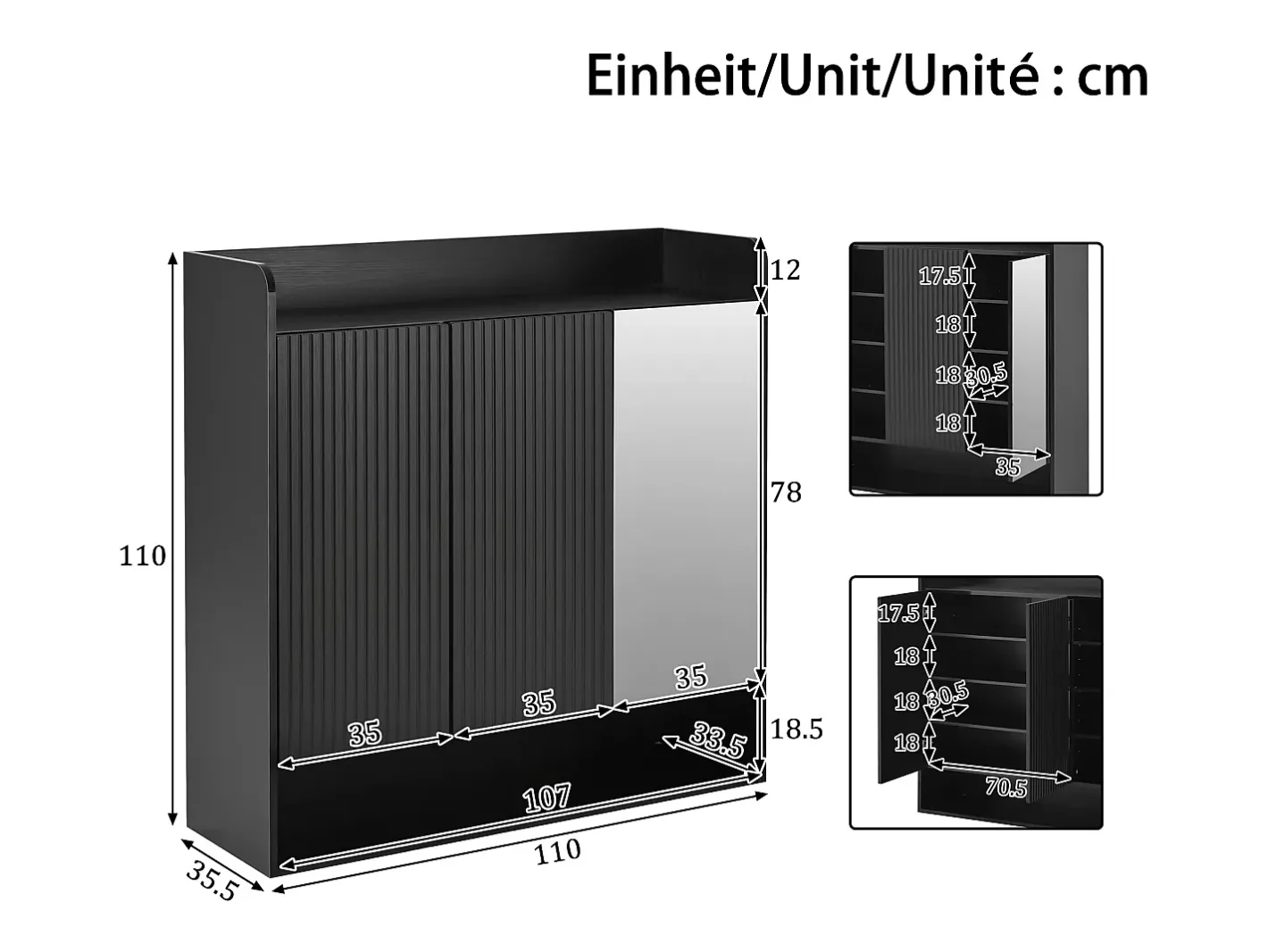 Sapateiro 110x35,5x110 cm - com espelho - com 3 portas - MDF -*ModernLuxe Discount
