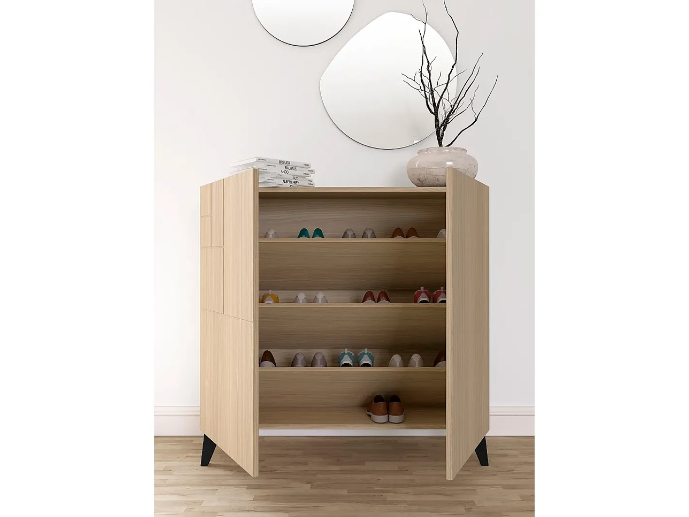 Herdasa Móvel De Arrumação|Sapateira*Sapateiro/Móvel organização - H87cm x L90cm x P27cm nogueira clara pernas - Bergen Preto