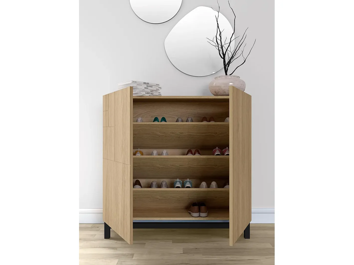 Herdasa Móvel De Arrumação|Sapateira*Sapateiro/Móvel organização - H90cm x L90cm x P27cm carvalho dourado pernas - Copenhague Preto