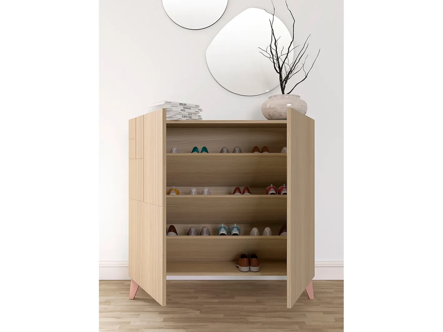 Herdasa Móvel De Arrumação|Sapateira*Sapateiro/Móvel organização - H87cm x L90cm x P27cm nogueira clara pernas rose - Bergen Rosa