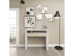 Secretária Billings, Secretária com tampo extensível, Secretária para PC com 2 gavetas, 99x36h88 cm, e Carvalho^Dmora