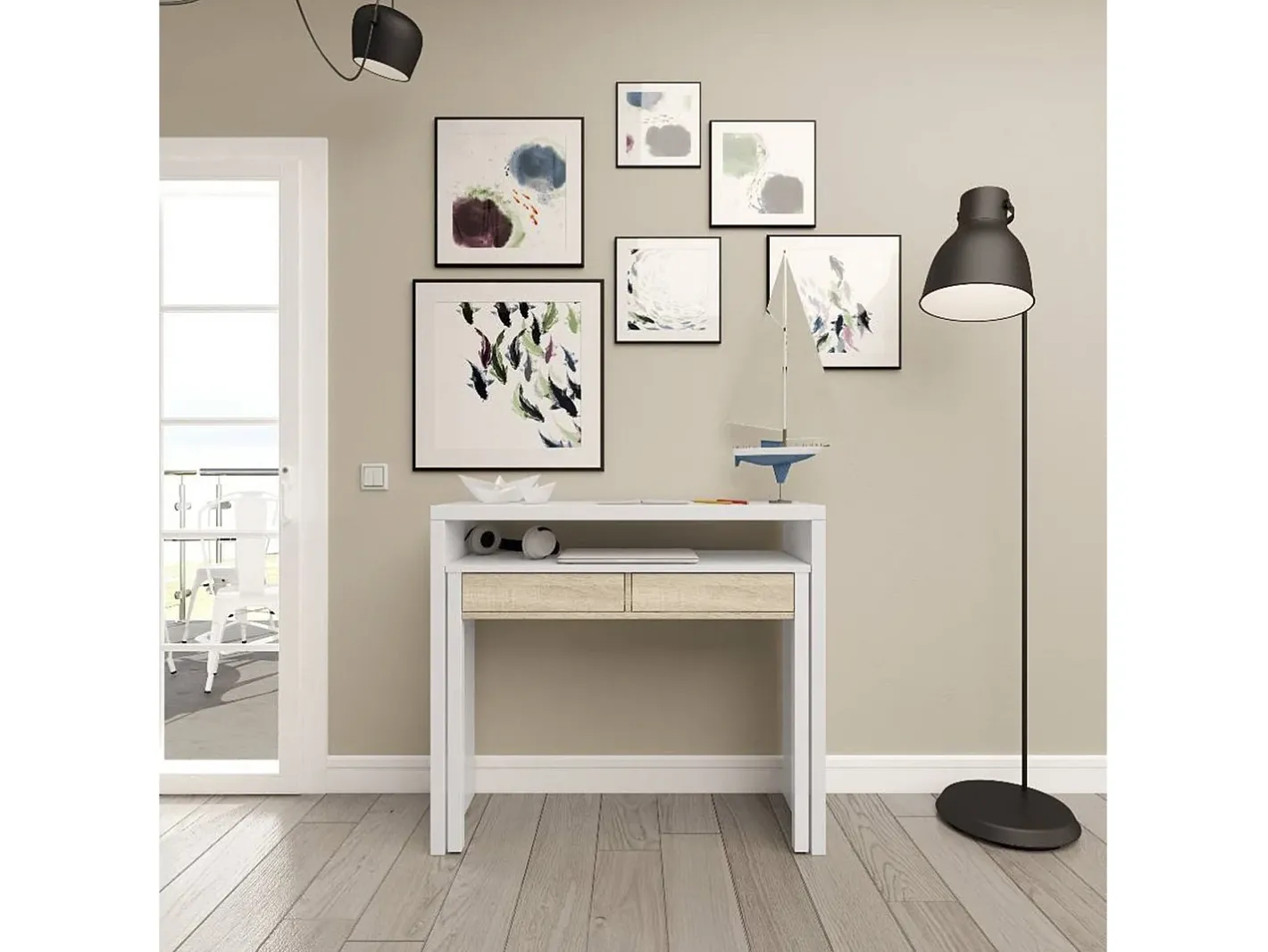 Secretária Billings, Secretária com tampo extensível, Secretária para PC com 2 gavetas, 99x36h88 cm, e Carvalho^Dmora