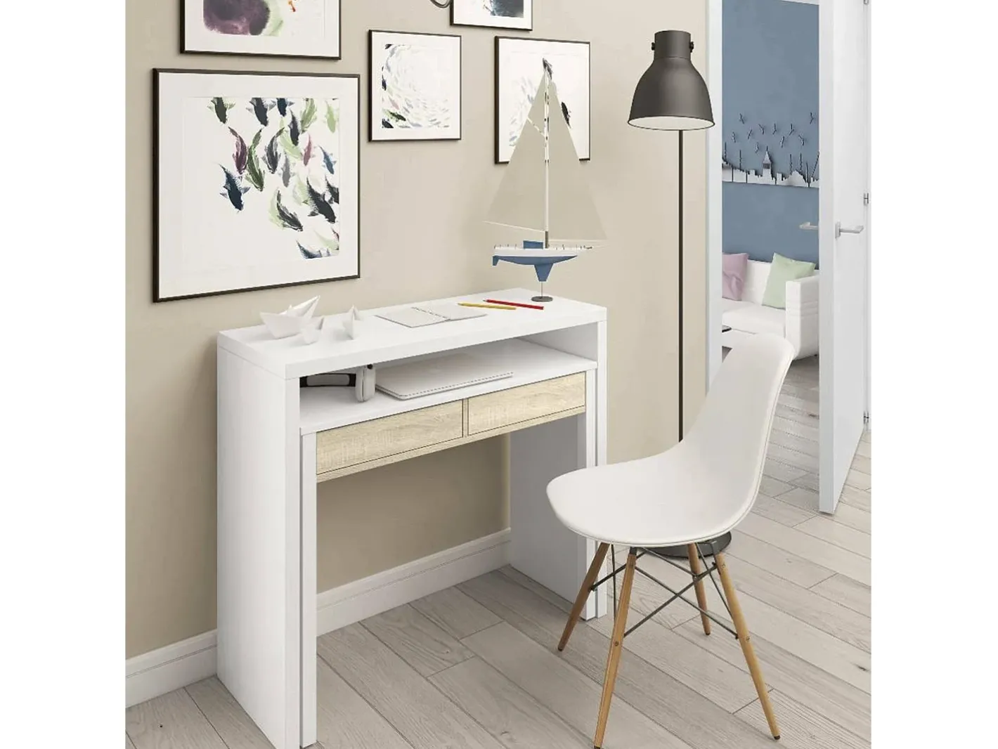 Secretária Billings, Secretária com tampo extensível, Secretária para PC com 2 gavetas, 99x36h88 cm, e Carvalho^Dmora