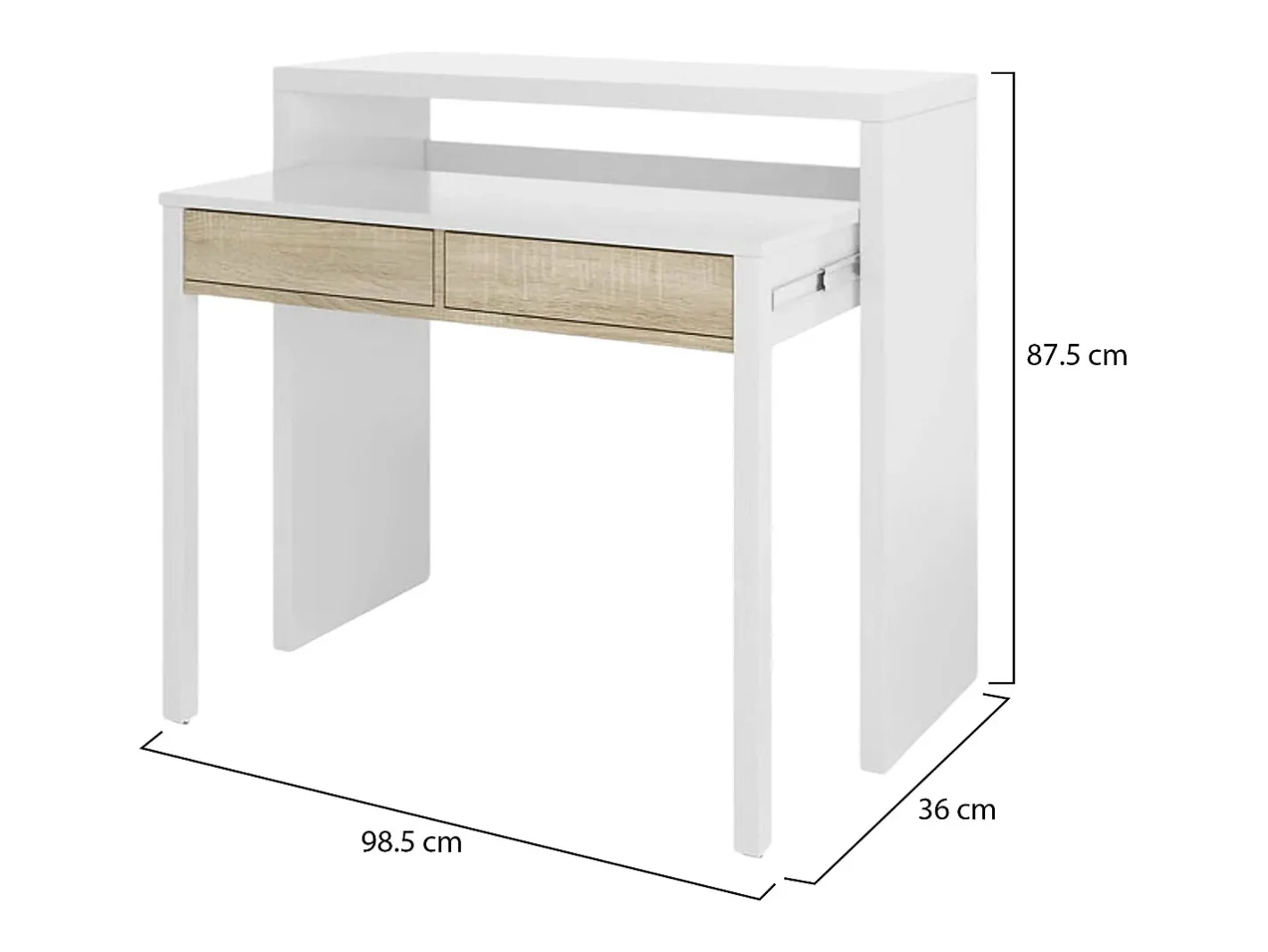 Secretária Billings, Secretária com tampo extensível, Secretária para PC com 2 gavetas, 99x36h88 cm, e Carvalho^Dmora