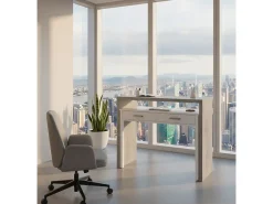 Secretária Billings, Secretária com tampo extensível, Secretária PC com 2 gavetas, 99x36h88 cm, Cimento e Branco*Dmora