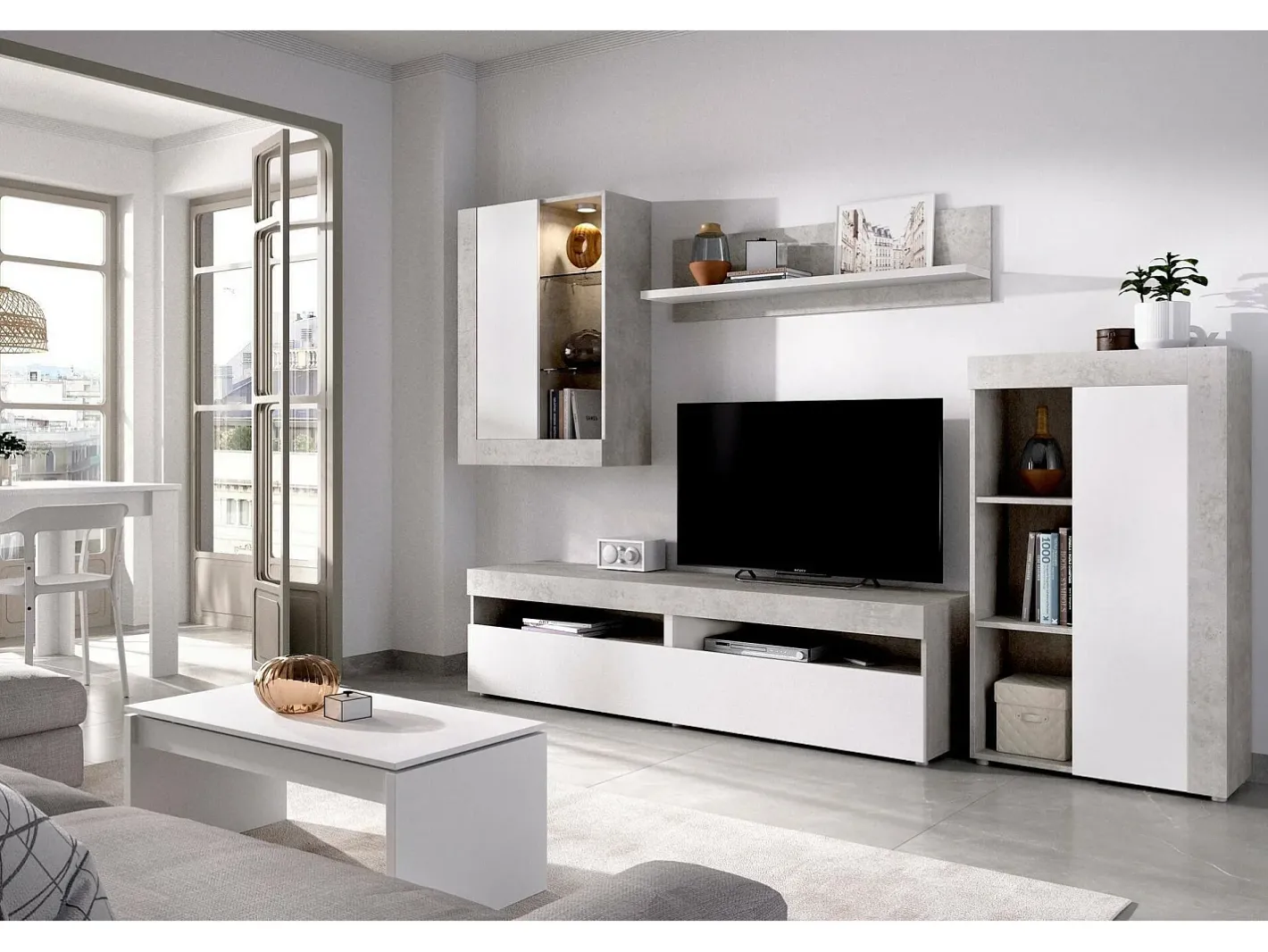Sistema de parede Beverin, Conjunto modular de sala, Móveis de sala multiposições, 265x42h180 cm, e Cimento*Dmora New