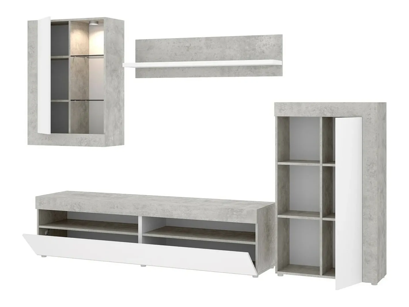 Sistema de parede Beverin, Conjunto modular de sala, Móveis de sala multiposições, 265x42h180 cm, e Cimento*Dmora New