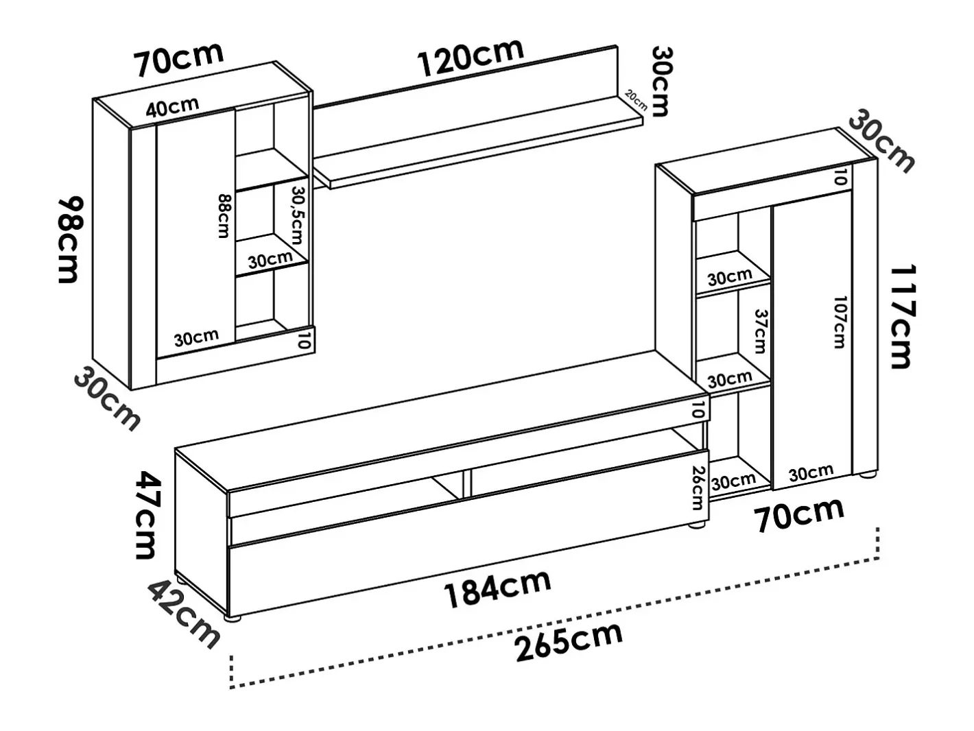 Sistema de parede Beverin, Conjunto modular de sala, Móveis de sala multiposições, 265x42h180 cm, e Cimento*Dmora New