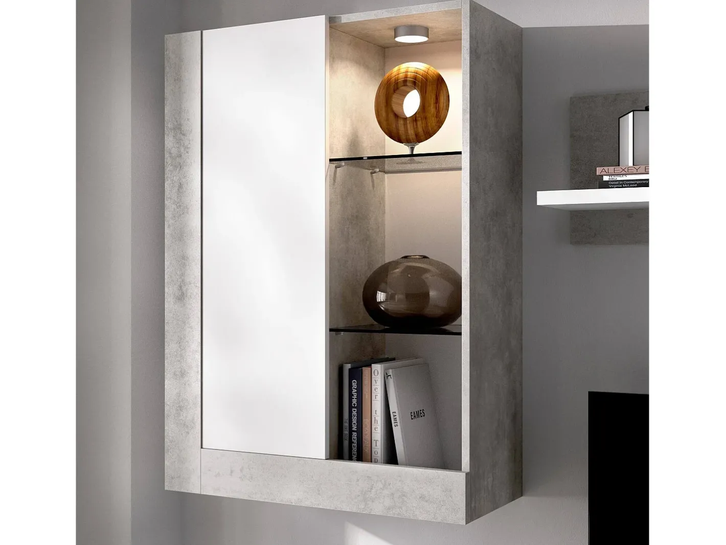 Sistema de parede Beverin, Conjunto modular de sala, Móveis de sala multiposições, 265x42h180 cm, e Cimento*Dmora New