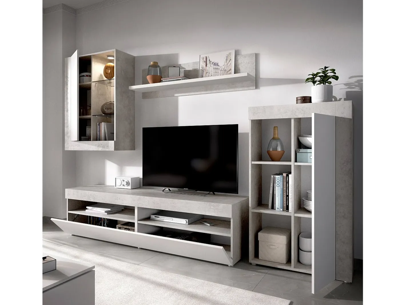 Sistema de parede Beverin, Conjunto modular de sala, Móveis de sala multiposições, 265x42h180 cm, e Cimento*Dmora New