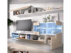 Sistema de parede Daade, Conjunto modular de sala de canto, Móveis de sala multiposições com luz LED, 260x41h180 cm, Carvalho e Branco*Dmora Discount