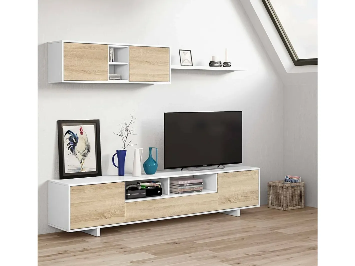 Sistema de parede Dafanti, móvel de sala de TV, composição de conjunto de sala, conjunto de sala com móvel de parede, 260x41h46 cm, brilhante e carvalho^Dmora Discount