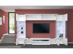 Sale Sistema de parede Dberard, conjunto de sala de TV com 6 portas, móveis de sala multiuso com luz LED, 100% Made in Italy, 290x40h191 cm, brilhante Móvel De Tv