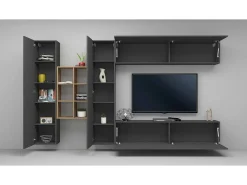 Sistema de parede Dcaldar, conjunto de sala de TV com 4 portas, móveis de sala multiuso, 100% Made in Italy, 280x30h180 cm, Antracite e Maple*Dmora Discount