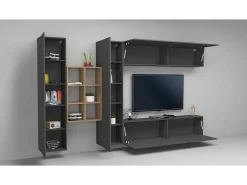 Sistema de parede Dcaldar, conjunto de sala de TV com 4 portas, móveis de sala multiuso, 100% Made in Italy, 280x30h180 cm, Antracite e Maple*Dmora Discount