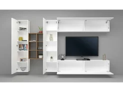Sistema de parede Dcaldar, conjunto de sala de TV com 4 portas, móveis de sala multiuso, 100% Fabricado na Itália, 280x30h180 cm, brilhante e bordo*Dmora New