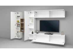 Sistema de parede Dcaldar, conjunto de sala de TV com 4 portas, móveis de sala multiuso, 100% Fabricado na Itália, 280x30h180 cm, brilhante e bordo*Dmora New