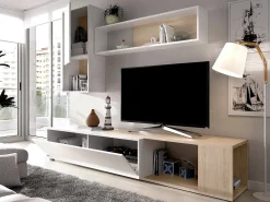 Sistema de parede Dgam, Conjunto modular de sala de canto, Móveis de sala multiposições, 230x41h180 cm, e Carvalho^Dmora Discount