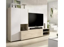 Sistema de parede Dhughe, Composição da sala, Mobiliário multiusos para sala, Móvel de TV, 227x40 h141 cm, e Carvalho*Dmora Discount
