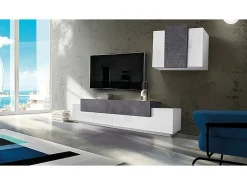 Sale Sistema de parede Ruben, conjunto de sala de TV, móveis de sala multiuso, 100% fabricado na Itália, 240x45h180 cm, brilhante e ardósia Móvel De Tv