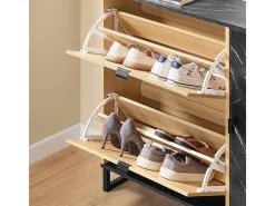 Sobuy Móvel De Arrumação|Sapateira*Sapateira fina economizadora de espaço com 2 portas rebatíveis para 8 pares de sapatos design moderno em mármore e madeira clara fixação anti-inclinação Preto