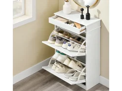 Sobuy Móvel De Arrumação|Sapateira*Sapateira Fina Economizadora de Espaço com 2 Portas Dobráveis para Entrada Corredor ou Quarto Efeito Madeira Envelhecida Branca 54x24x82cm Branco