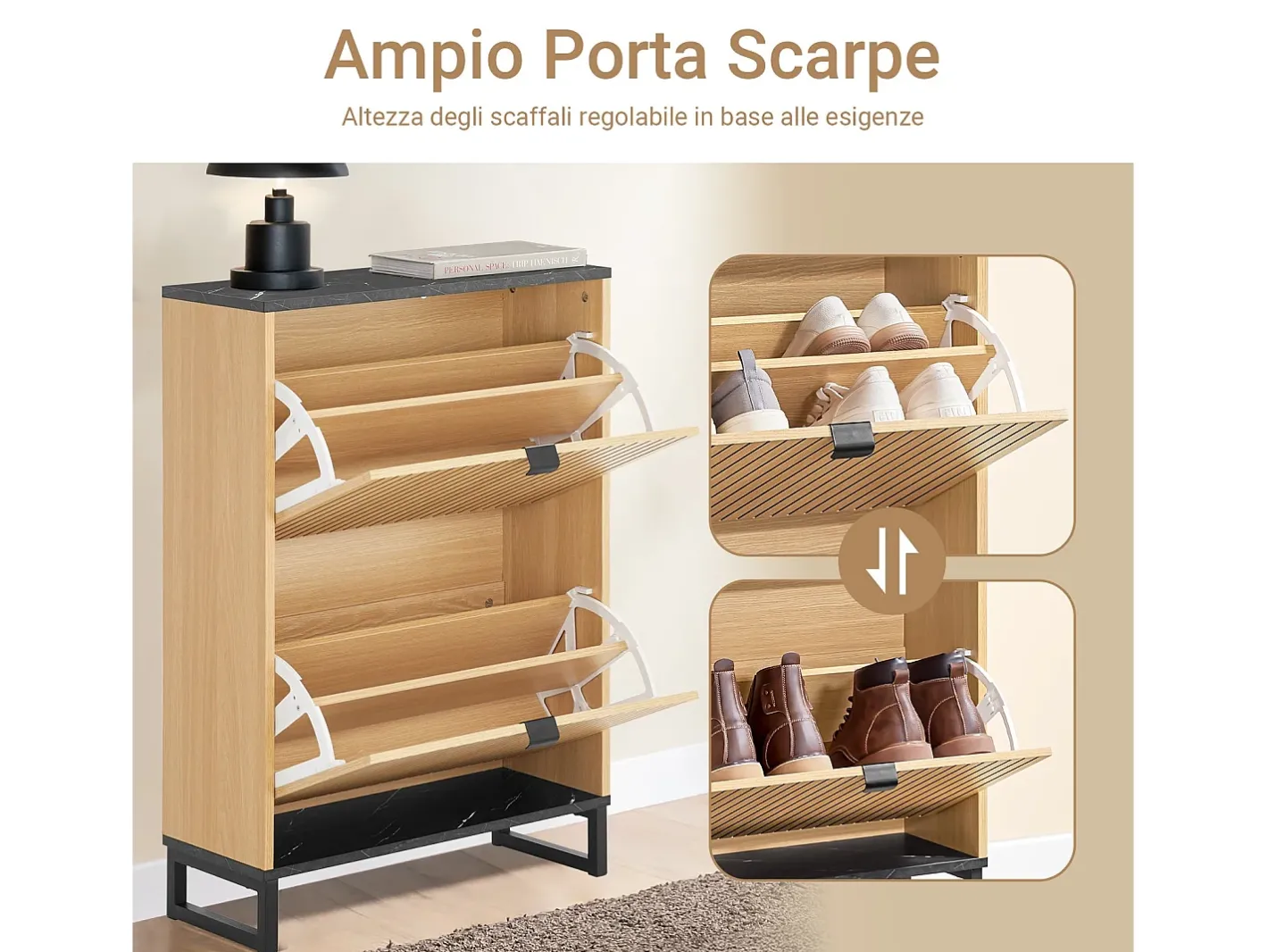 Sapateira Slim 2 portas poupa espaço moderna para 8-12 pares estrutura resistente efeito mármore e madeira clara 60x24x88cm^Sobuy New
