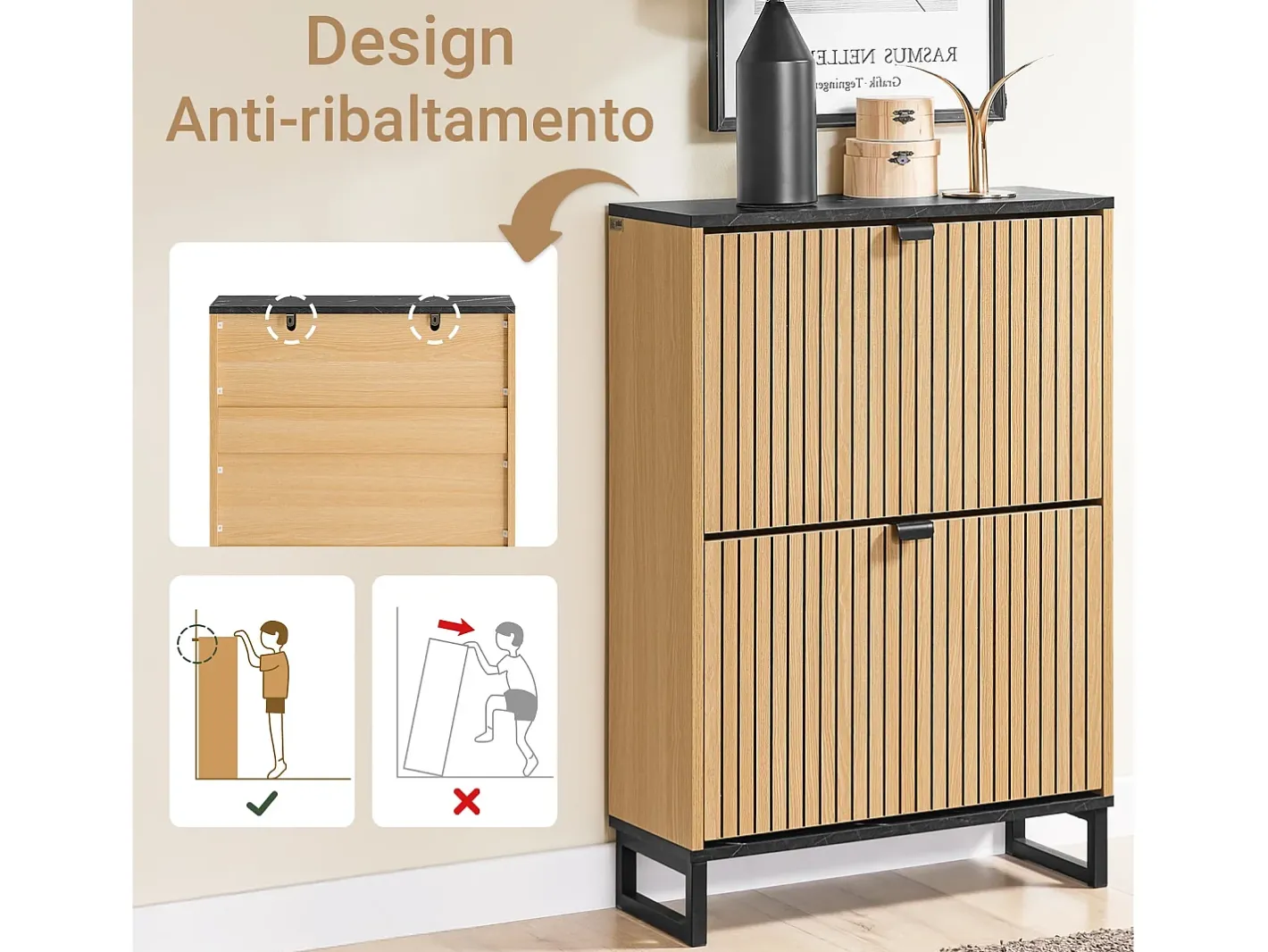 Sapateira Slim 2 portas poupa espaço moderna para 8-12 pares estrutura resistente efeito mármore e madeira clara 60x24x88cm^Sobuy New
