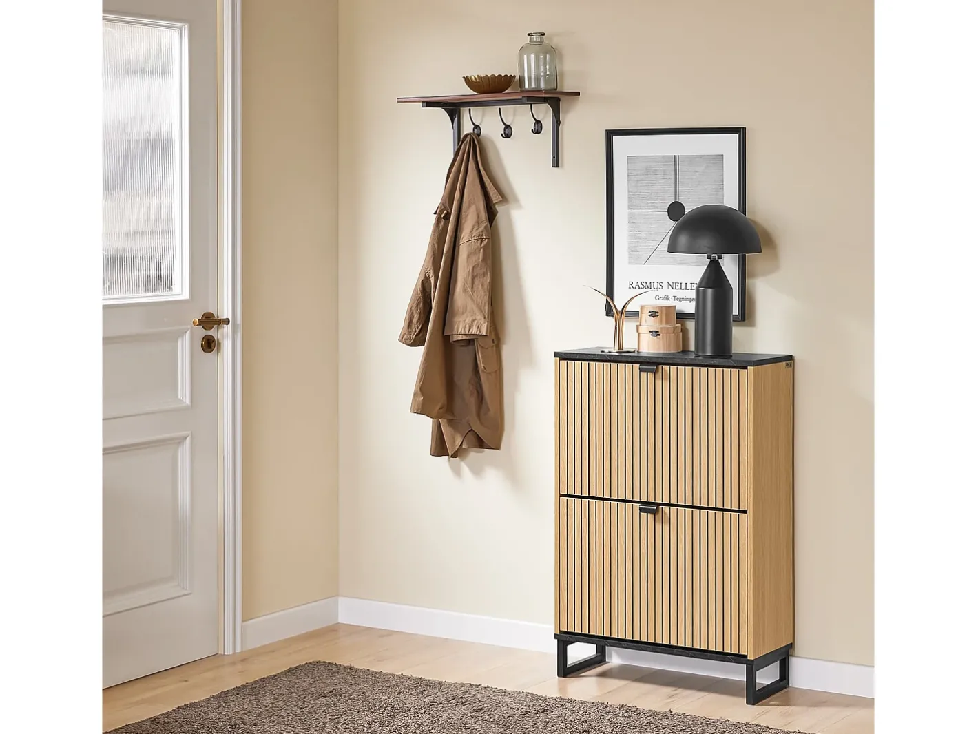 Sapateira Slim 2 portas poupa espaço moderna para 8-12 pares estrutura resistente efeito mármore e madeira clara 60x24x88cm^Sobuy New