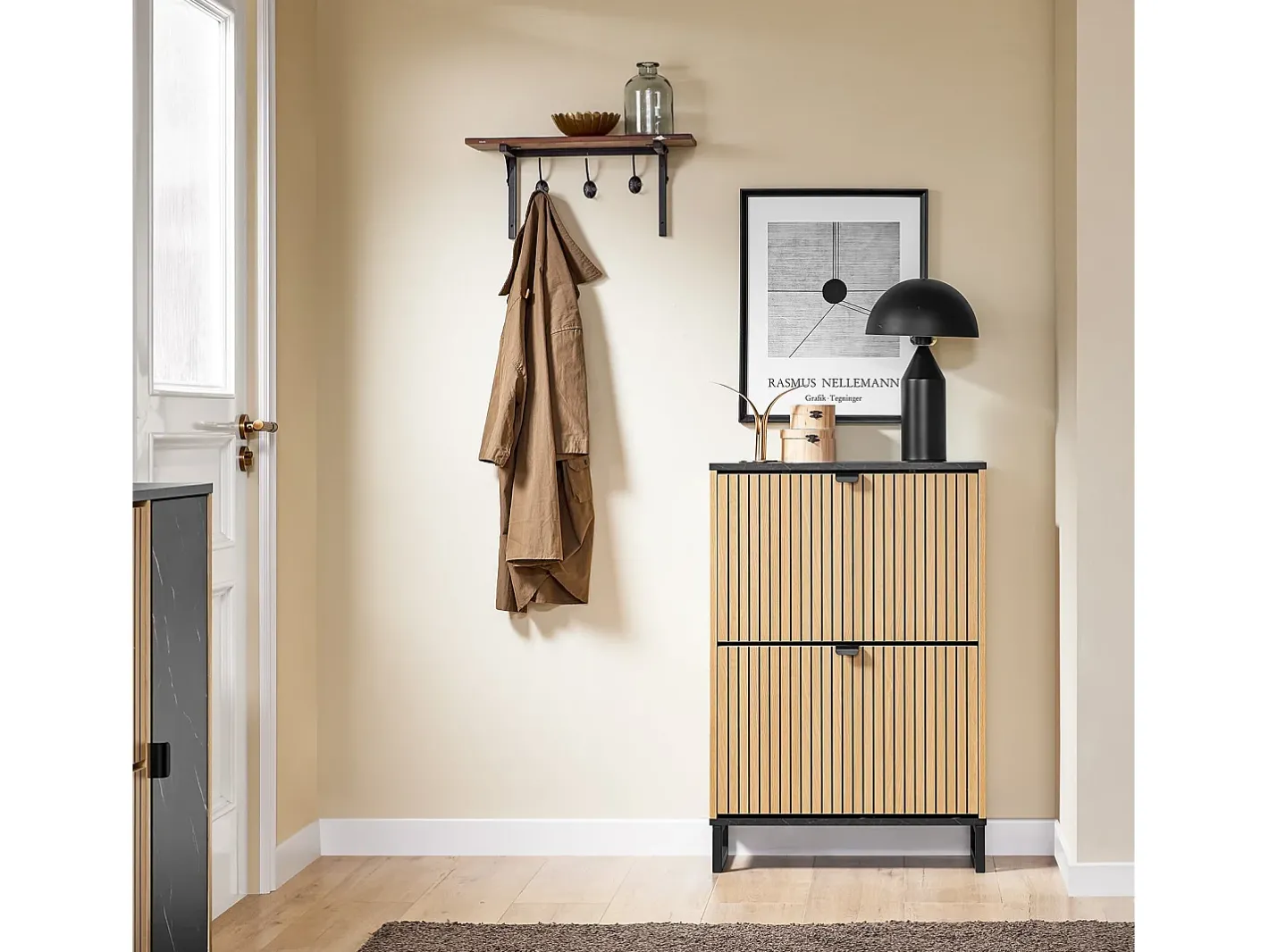 Sapateira Slim 2 portas poupa espaço moderna para 8-12 pares estrutura resistente efeito mármore e madeira clara 60x24x88cm^Sobuy New