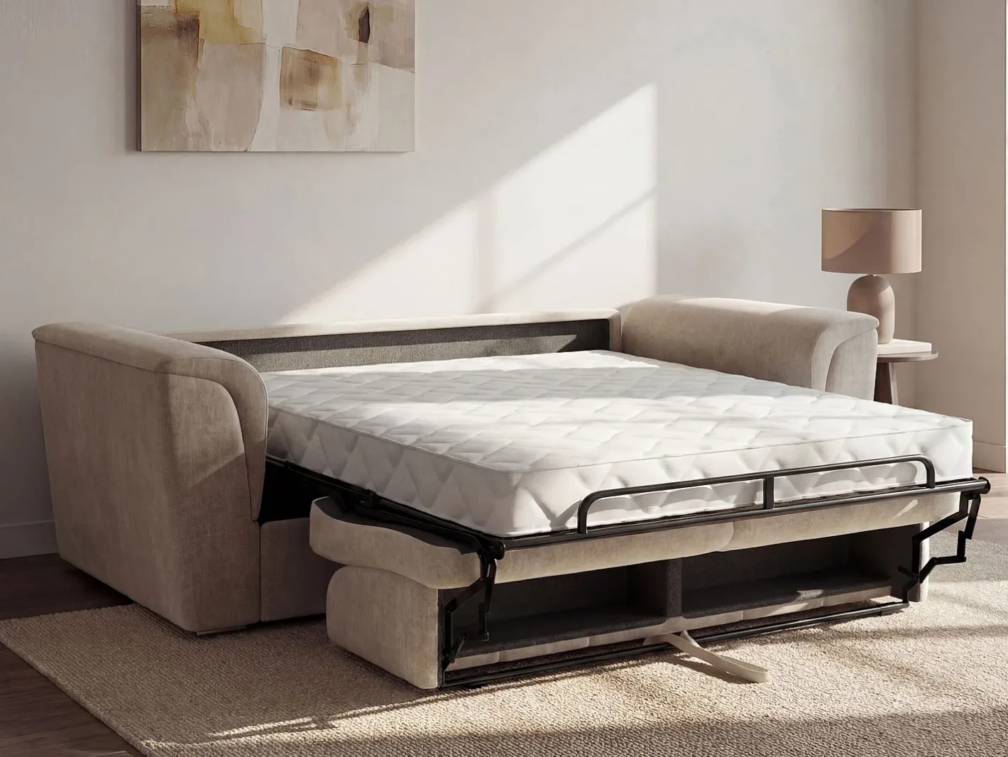 Vente-unique Sofá*Sofá 4 lugares convert. abert. ráp. tecido 160 cm e colchão 18 cm ripas largas RIZORA Bege