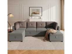 Sofá 6 lugares em forma de U - con armazenamento - conversível multifuncional - veludo + veludo canelado - cinza^ModernLuxe Hot