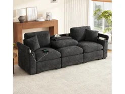 Outlet Sofá 3 lugares moderno - con almofadas e mesa dobrável - inclui portas USB e porta-copos - tecido de chenille - cinza Sofá