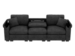 Outlet Sofá 3 lugares moderno - con almofadas e mesa dobrável - inclui portas USB e porta-copos - tecido de chenille - cinza Sofá
