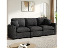 Outlet Sofá 3 lugares moderno - con almofadas e mesa dobrável - inclui portas USB e porta-copos - tecido de chenille - cinza Sofá