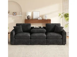 Outlet Sofá 3 lugares moderno - con almofadas e mesa dobrável - inclui portas USB e porta-copos - tecido de chenille - cinza Sofá