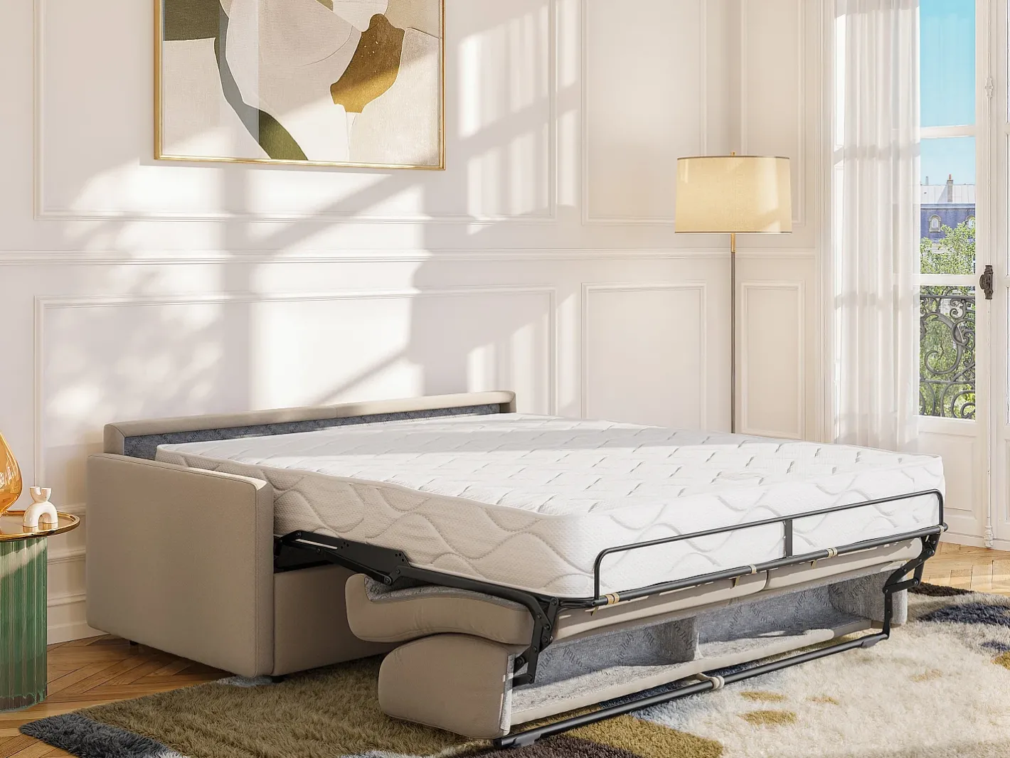 Vente-unique Sofá*Sofá cama 3 lugares colchão de 22 cm tecido cinzento CALIFE Bege