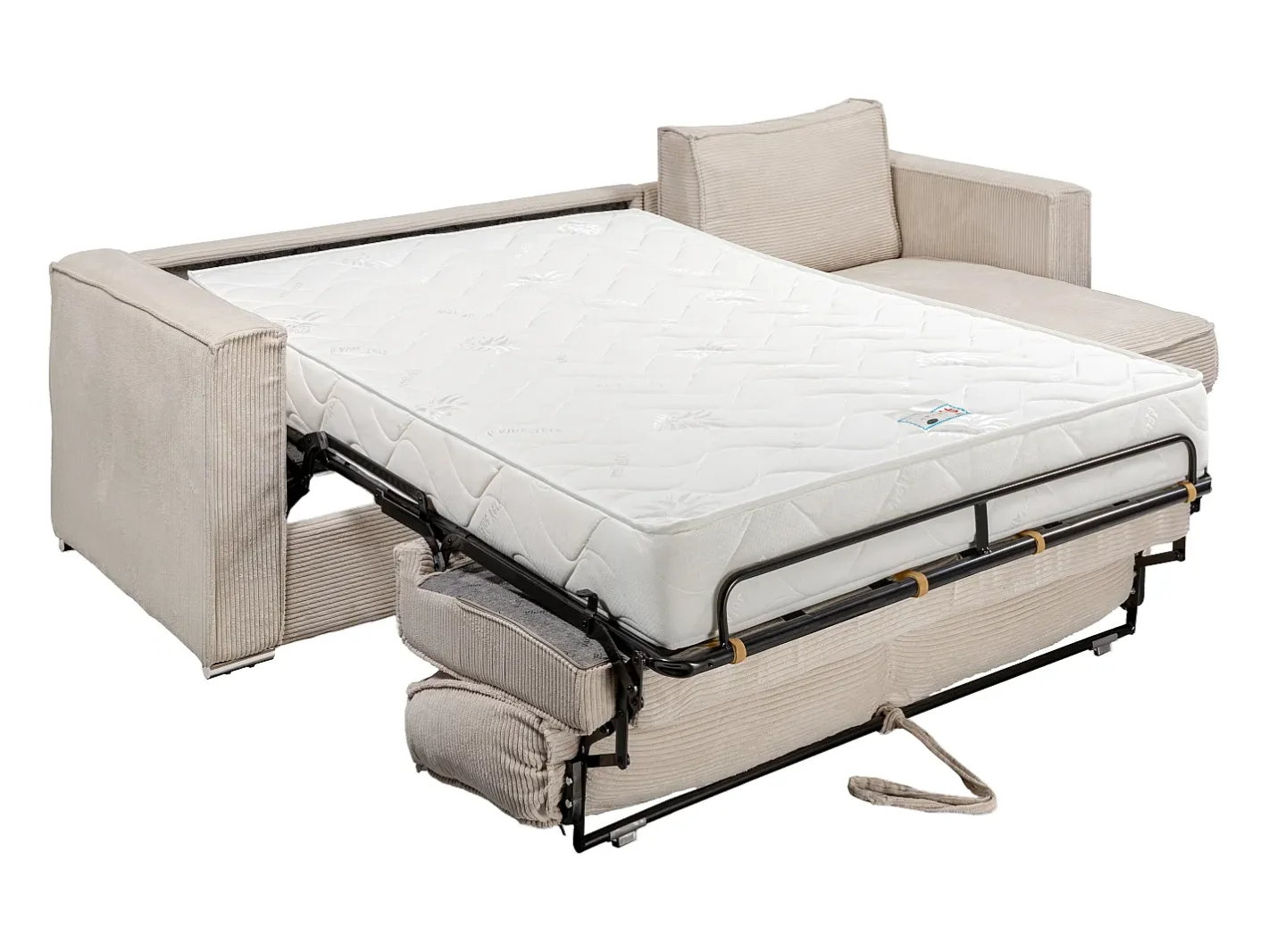 Vente-unique Sofá*Sofá canto convert. abert. ráp. veludo canelado cama 160cm esp. 22cm LORETO Bege